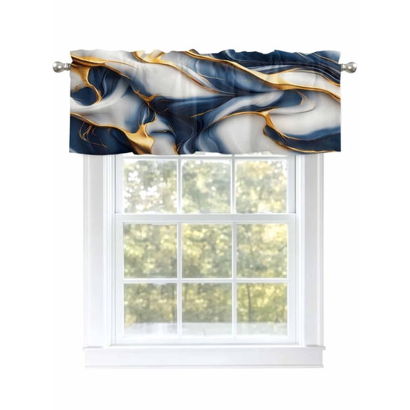 Blue Gold Marble Valances for Windows, Rod Pocket Kitchen Valance Curtains - Soft & Washable Small Window Treatment for Living Room,&nbsp;Bathroom, Retro Abstract Texture , 42x12 Inch, 1 Panel