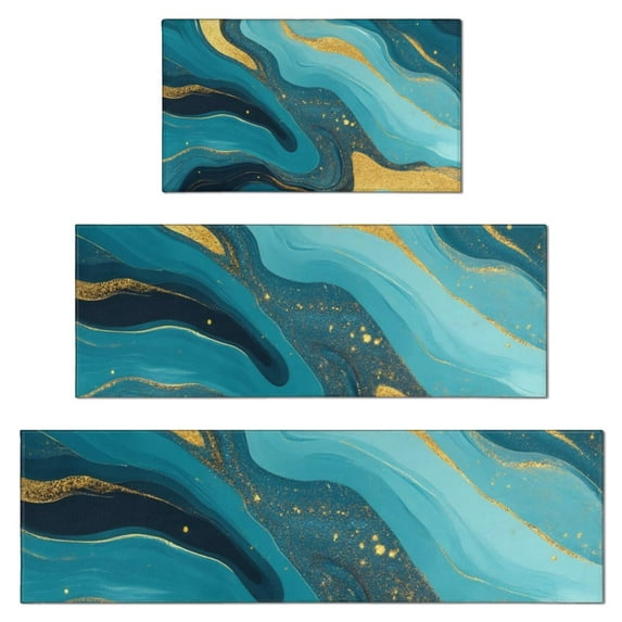 Blue and Gold Marble Wave Art Pattern Kitchen Rugs Sets Of 3,Kitchen Runner Rugs Non Skid Washable,Decorative Kitchen Floor Mats for Kitchen,Sink,Laundry,17"x30"+ 17"x47" + 17"x59"