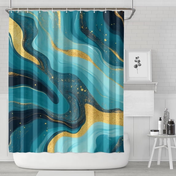 Blue and Gold Marble Wave Art Pattern Shower Curtain 72"x84" ,Bathroom Decorative Shower Curtains Set with 12 Hooks,Modern Waterproof Washable Shower Curtain