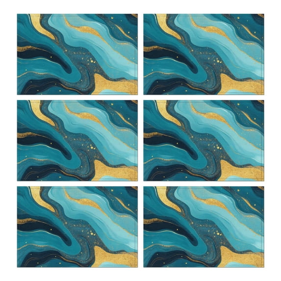 Blue and Gold Marble Wave Art Pattern Summer Placemats Table Placemats Set Of 6-Linen Kitchen Washable Placemats Table Mats 11.8"x17.7" Non-Slip Heat Resistant