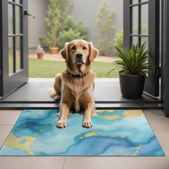 Blue and Gold Marble Wavy Veins Pattern Door Rugs,Washable Non Slip Door Mats Indoor,Decorative Door Mats,Entry Mat Indoor for Entrance,Bedroom,Kitchen,Bathroom,20"x32"