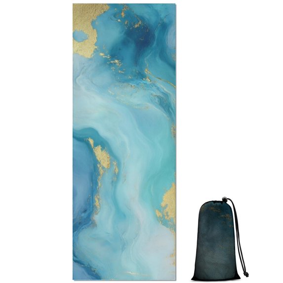 Blue and Gold Marble Wavy Veins Pattern Hot Yoga Mat Towel Non Slip for Hot Yoga - Quick-Drying Yoga Mat Cover with 4 Corner Pockets with Travel Bag - Hot Yoga Towel Non Slip 74"x26"