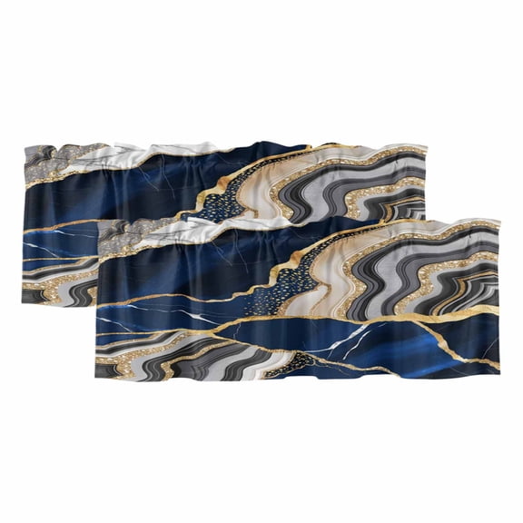 Blue Gold Marble Window Valance, Glitter Geometric Marble Foil Texture 2 Pack Decorative Curtain for Small Windows, Light Filtering Valance with 3” Rod Pocket, 42"W x 12"L