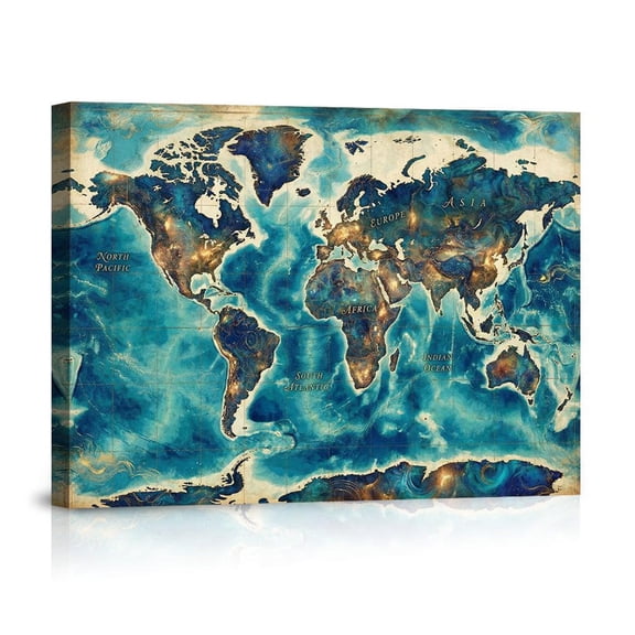 Blue Gold Marble World Map Luxurious Oceanic Exploration Modern Global Wanderlust Home Canvas