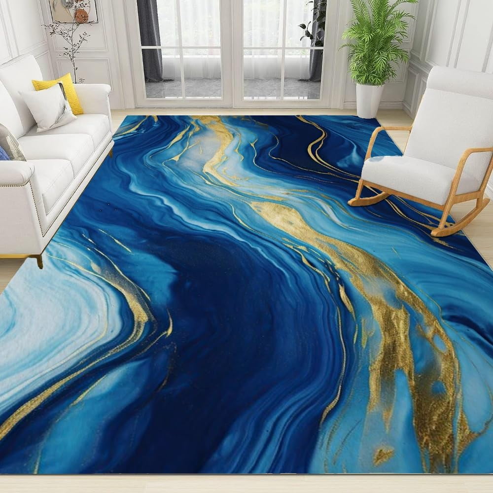 Blue Gold Ocean Texture Area Rug, Abstract Lines Flowing Living Room ...