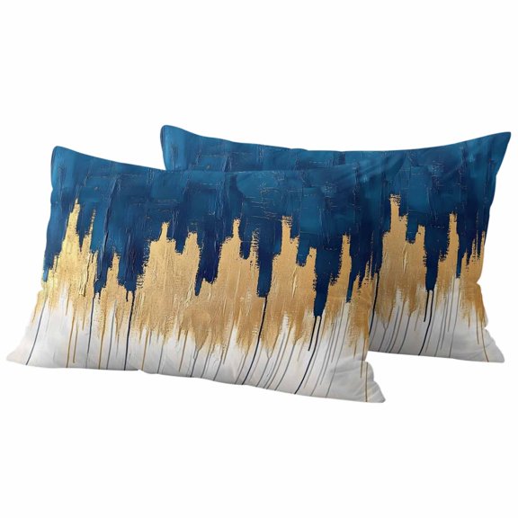 Blue Gold Outdoor Pillow Covers 20"x12" Set of 2,Waterproof Throw Pillow Covers for Patio Furniture,Modern Street Art Splatter Foil Painting Decorative Cushion Pillowcases for Garden Porch Couch Sofa