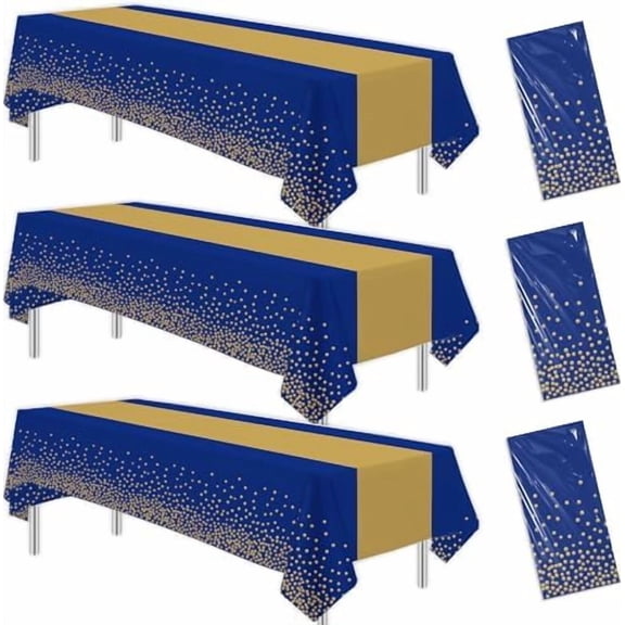 Blue and Gold Party Tablecloth Decorations, 3Pcs Disposable Blue Rectangle Table Covers Printed Gold Table Runner & Dot, for Birthday Baby Shower Wedding Anniversary Graduation, 55in x 86in