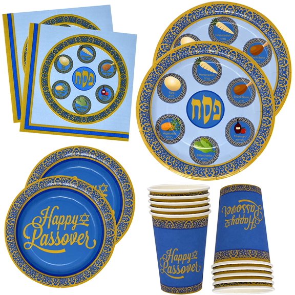 Blue & Gold Passover Party Supplies Set Seder Plates, Happy Passover Dessert Plates, Cups & Napkins Disposable Pesach Tableware Kit 24 Sets