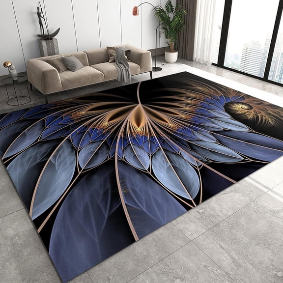 Blue And Gold Petals Swirl Area Rug, Modern Abstract Character Indoor Non-Slip Rugs, For Room Sofa Living Room Mat Bedroom Home Decor Floor Mats 5x7ft