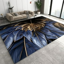 Blue And Gold Petals Swirl Area Rug, Modern Abstract Plants And Flowers Indoor Non-Slip Kids Rugs, For Room Sofa Living Room Mat Bedroom Home Decor Floor Mats