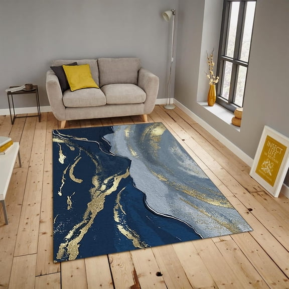 Blue Gold Pigment Area Rugs, Hand Painted Oil Painting Carpet, Bathroom Rugs Durable Quick Dry Machine Washable for Living Room Study Bedroom Kitchen Office,4ft x 6ft