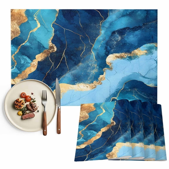 Blue Gold Placemats Set of 2, Abstract Marble Textured Table Mats Washable Heat-Resistant Non-Slip Place Mats for Kitchen Dinner Table Indoor Outdoor Decor,13x19 Inch
