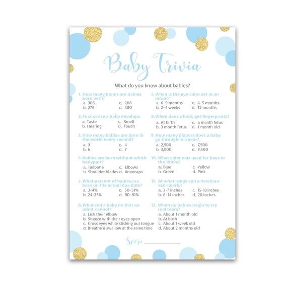 Blue and Gold Polka Dot Baby Shower Game BABY TRIVIA Game Pack of 25 BOY Baby Shower Games, Fun Baby Facts Game, Baby Boy Shower Activity, Blue Polka Dots, Coed Co-ed Couples Shower G811-TRV
