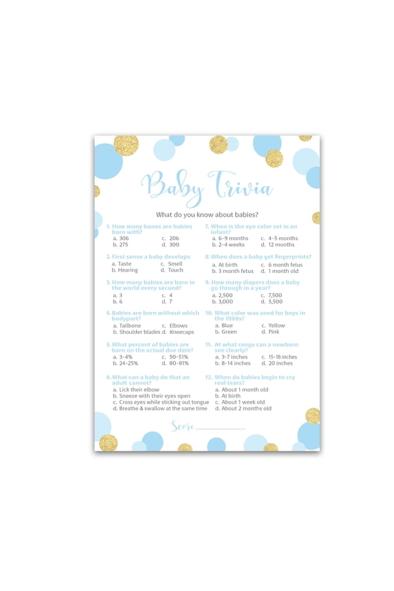 Blue and Gold Polka Dot Baby Shower Game BABY TRIVIA Game Pack of 25 BOY Baby Shower Games, Fun Baby Facts Game, Baby Boy Shower Activity, Blue Polka Dots, Coed Co-ed Couples Shower G811-TRV