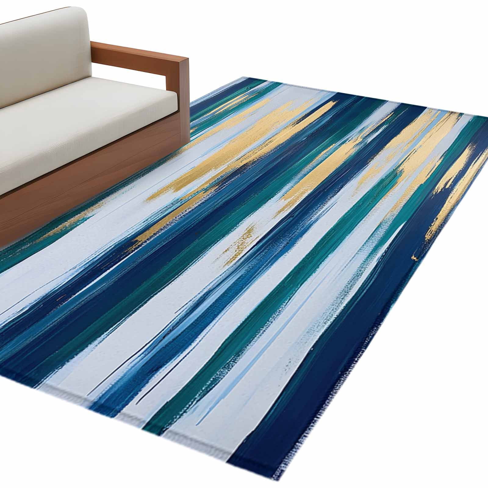 Blue Gold Ripple Area Rug 4x6ft Abstract Modern Non-Slip Washable ...