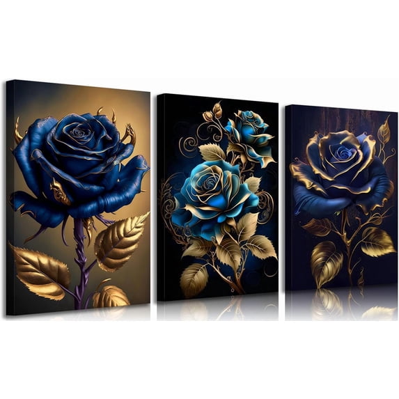 Blue And Gold Rose Canvas Wall Art Elegant Blooming Rose Floral Pictures Wall Decor Abstract Flower Posters Prints Paintings for Office Bedroom Bathroom(Only canvas)