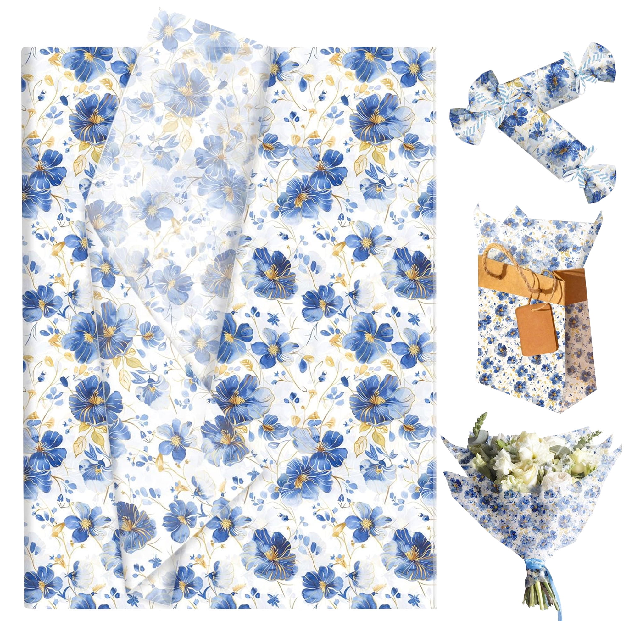 Blue Gold Rose Tissue Paper Set - 50 Sheets Elegant French Pastoral Floral Design for Parties & Gifts