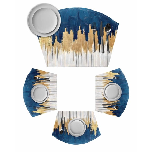 Blue Gold Round Placemats Set of 2, Modern Street Art Splatter Foil Painting Placemats for Round Dining Table Shape Wedge Placemats for Outdoor Indoor Wipeable Clean Table Place Mats
