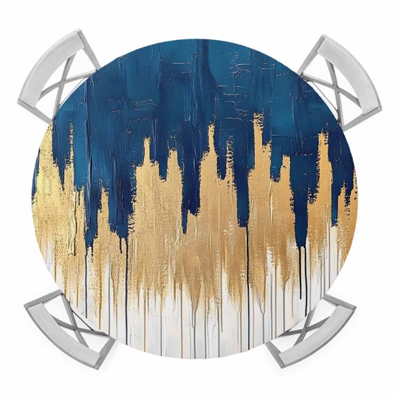 Blue Gold Round Tablecloth for 36-44 Inch Tables,Fitted Table Cover with Elastic Edge,Modern Street Art Splatter Foil Painting Waterproof Outdoor Table Cloth Protector for Patio Garden Dinner Picnic