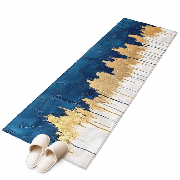Blue Gold Runner Rug 2x6 FT, Non Slip Hallway Carpet, Modern Street Art Splatter Foil Painting Washable Soft Floor Carpet Throw Runner Carpet Long Rug for Entryway Kitchen Bedside Sliding Door