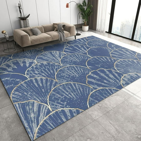 Blue Gold Shell Texture Coastal Area Carpet, Retro Abstract Ocean Dreamy Indoor Non-Slip Rugs, Machine Washable Breathable Durable Carpet For Front Entrance Floor Decor 5x7ft