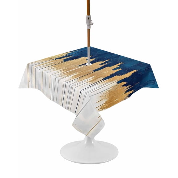 Blue Gold Square Outdoor Tablecloth, Waterproof Table Cloth Cover with Umbrella Hole and Zipper, Modern Street Art Splatter Foil Painting Table Protector for Patio Party Picnic 54"x54"