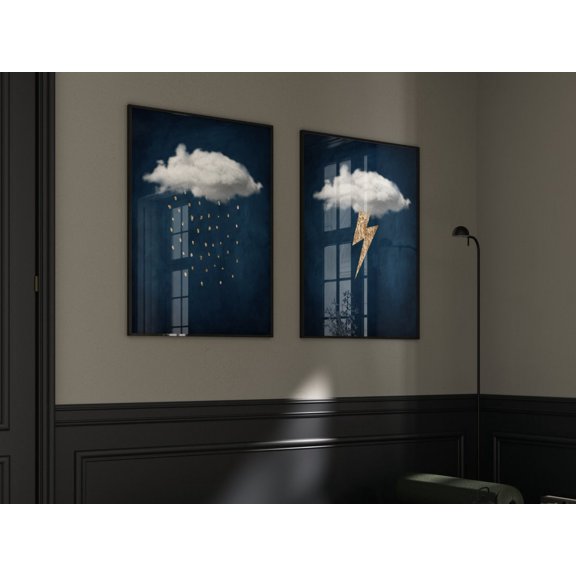 Blue Gold Storm Clouds Wall Art Print Set Of 2 With Lightning Maximal Decor
