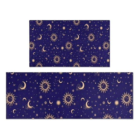 Blue Gold Sun Moon Pattern Kitchen Rugs Sets Of 2,Anti Fatigue Kitchen Mat Rugs Non Slip Washable,Decorative Kitchen Floor Mats for Kitchen,Sink,Laundry,17"x30"+17"x47"