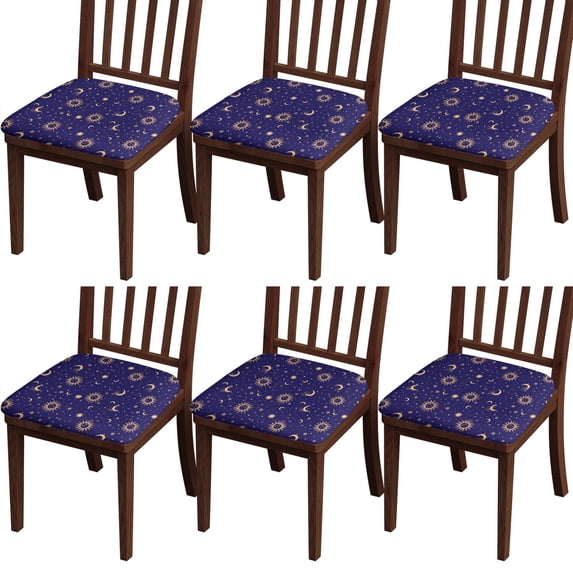 Blue Gold Sun Moon Pattern Seat Covers for Dining Room Chairs Set Of 4,Stretch Printed Washable Chair Seat Cover with Elastic Ties and Button,Removable Waterproof Couch Cushion Covers