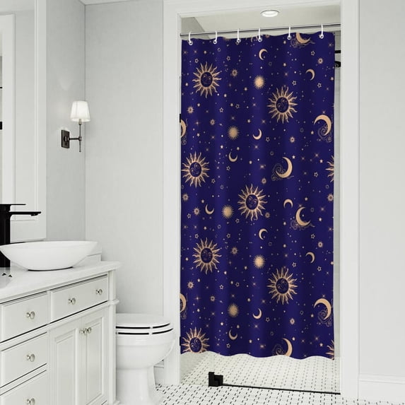 Blue Gold Sun Moon Pattern Shower Curtain 36"x72" ,Bathroom Decorative Shower Curtains Set with 12 Hooks,Modern Waterproof Washable Shower Curtain