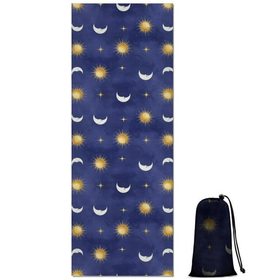 Blue Gold Sun Moon Star Pattern Hot Yoga Mat Towel Non Slip for Hot Yoga - Quick-Drying Yoga Mat Cover with 4 Corner Pockets with Travel Bag - Hot Yoga Towel Non Slip 74"x26"