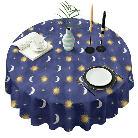 Blue Gold Sun Moon Star Pattern Round Tablecloth 60"x60",Wrinkle Wipeable Table Cloth for Kitchen Dining Room Picnic Patio Party