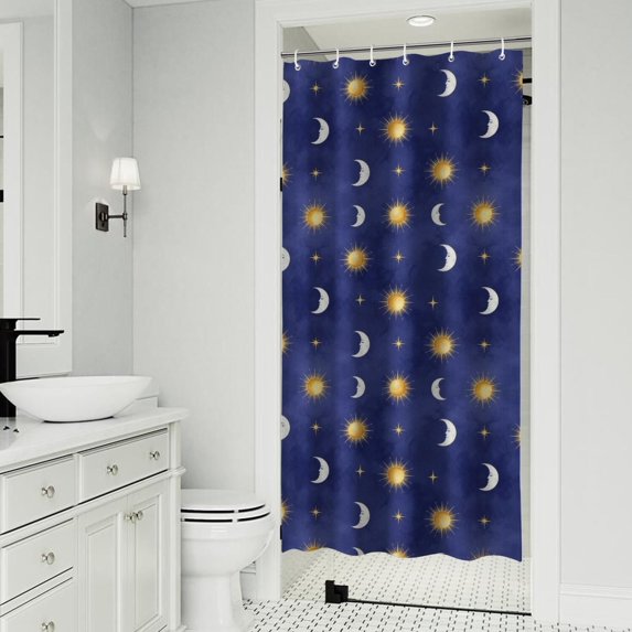 Blue Gold Sun Moon Star Pattern Shower Curtain 36"x72" ,Bathroom Decorative Shower Curtains Set with 12 Hooks,Modern Waterproof Washable Shower Curtain