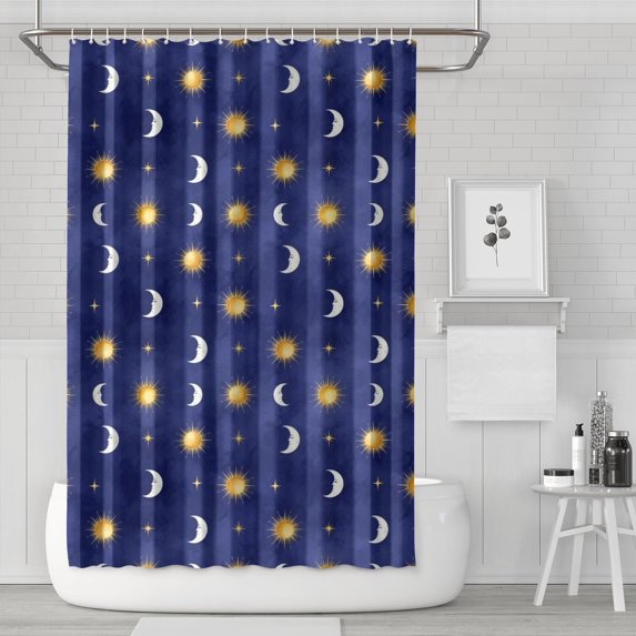 Blue Gold Sun Moon Star Pattern Shower Curtain 72"x72" ,Bathroom Decorative Shower Curtains Set with 12 Hooks,Modern Waterproof Washable Shower Curtain