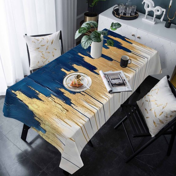 Blue Gold Tablecloth Rectangle Table Cloth 60x120 , Waterproof Tablecloth Outdoor Table Cloth, Modern Street Art Splatter Foil Painting Washable Table Cover for Kitchen Dining Party
