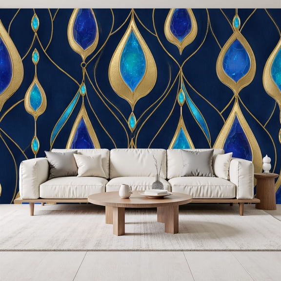 Blue Gold Teardrop teal Wallpaper Elegant deep navy vintage baroque luxury Peel and Stick Wall Murals 69"H x 96"W Removable PVC Wall Paper Self-Adhesive Wall Decor for Bedroom Living Room