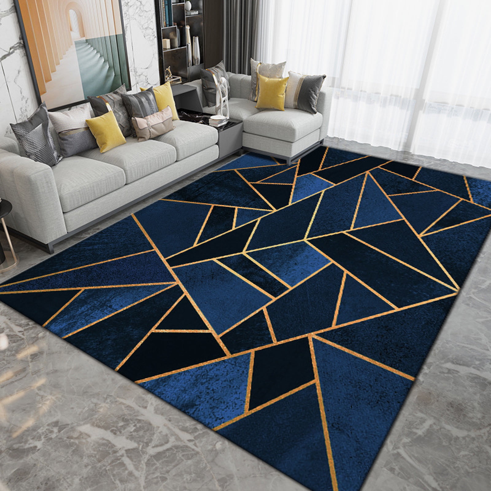Blue Gold Texture Area Rugs, Simple Blue Background Living Room Rug