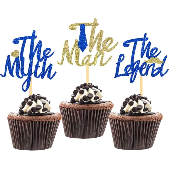 Blue & Gold The Man The Myth The Legend Glitter Cupcake Toppers, 12pcs Tie Mustache Cupcake Picks for Father's Day Men's Birthday Party Decorations