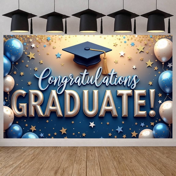 Blue Gold Theme Graduation Banner Star Decor Grad Party Backdrop Balloon Design Tassel Detail Academic Background for Graduation Party College Ceremony Graduate Photo Shoot