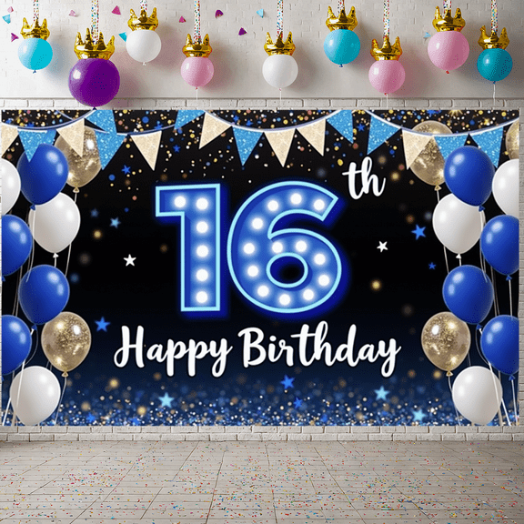 Blue & Gold Theme Happy 16th Birthday Banner Number Sweet 16 Display Balloon Decor Star Pattern 16th Birthday Backdrop for 16th Birthday Party Teen Celebration Photo Backdrop