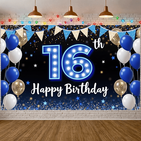Blue & Gold Theme Happy 16th Birthday Banner Number Sweet 16 Display Balloon Decor Star Pattern 16th Birthday Backdrop for 16th Birthday Party Teen Celebration Photo Backdrop