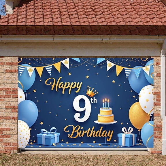 Blue Gold Theme Happy 9th Birthday Banner Royal Crown Design 9th Birthday Backdrop Birthday Cake Pattern Starry Background Party Background for Kids Birthday Party Indoor Decoration Birthday Photo