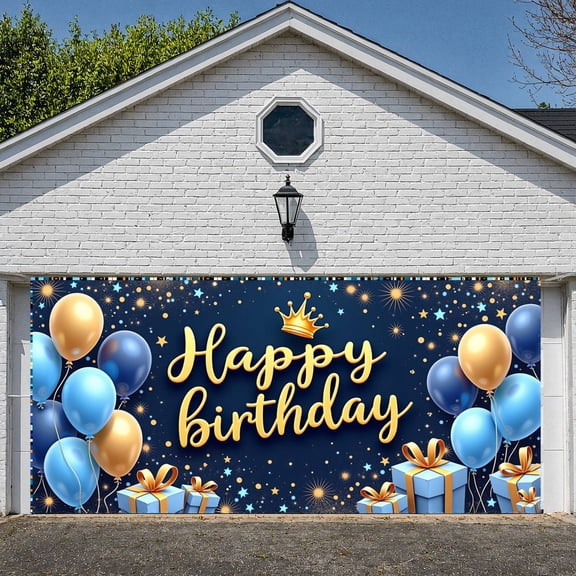 Blue Gold Theme Happy Birthday Banner Royal Crown Design Birthday Party Display Balloon Decor Gift Box Royal Birthday Backdrop for Birthday Party Kids Birthday Indoor Decoration