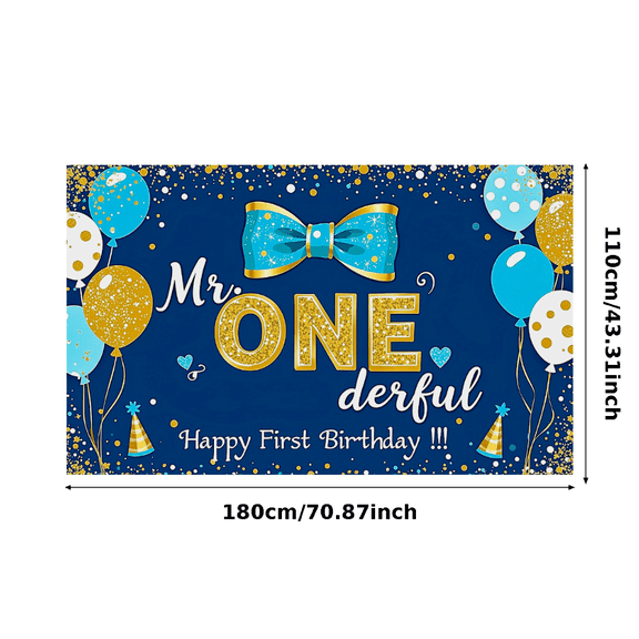 Blue Gold Themed First Birthday Banner with Balloons Bow and Glitter Party Supplies Photography Props Backdrop Happy Birthday Decorations Birthday Party Background