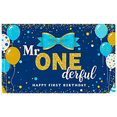 thumbnail image 1 of Blue Gold Themed First Birthday Banner with Balloons Bow and Glitter Party Supplies Photography Props Backdrop Happy Birthday Decorations Birthday Party Background, 1 of 8