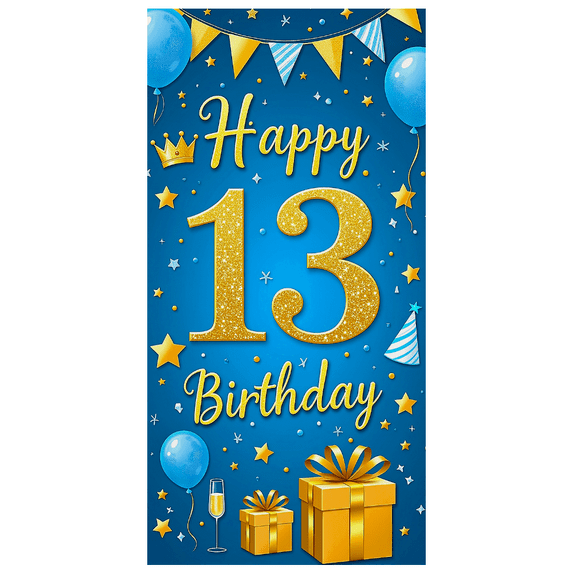 Blue Gold Themed Happy 13 Birthday Backdrop Banner Party Supplies Decors Balloons Stars Props for Photography Birthday Party Celebration Photo Booth Decorations