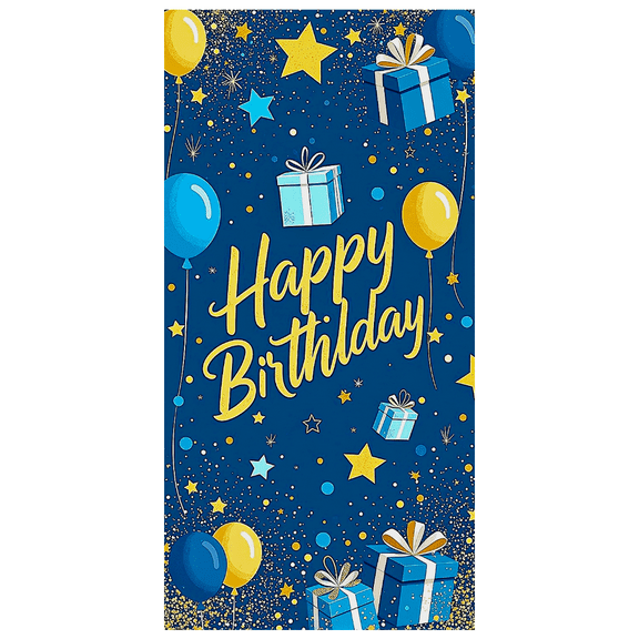 Blue and Gold Themed Happy Birthday Banner with Balloons Gifts and Stars Background Party Decoration Birthday Party Supplies Photography Props Backdrop Decor