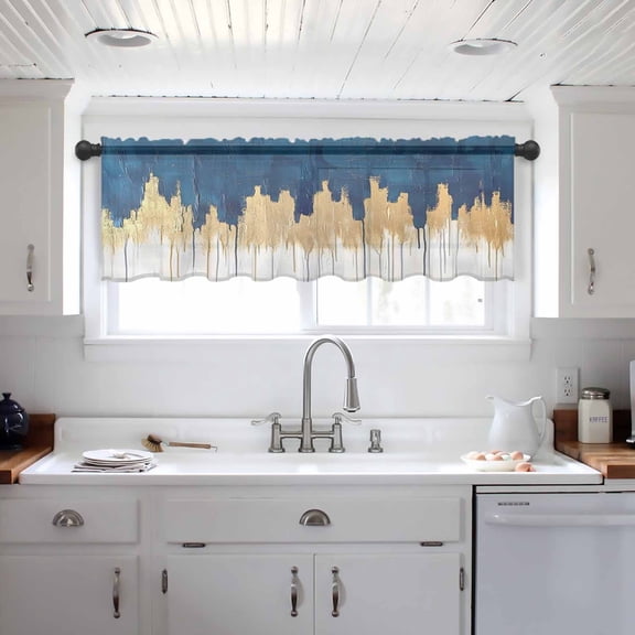 Blue Gold Valance Curtains for Kitchen/Living Room/Bathroom/Bedroom Window, Modern Street Art Splatter Foil Painting Rod Pocket Small Topper Half Short Window Curtains Voile Sheer Scarf 60"x18"