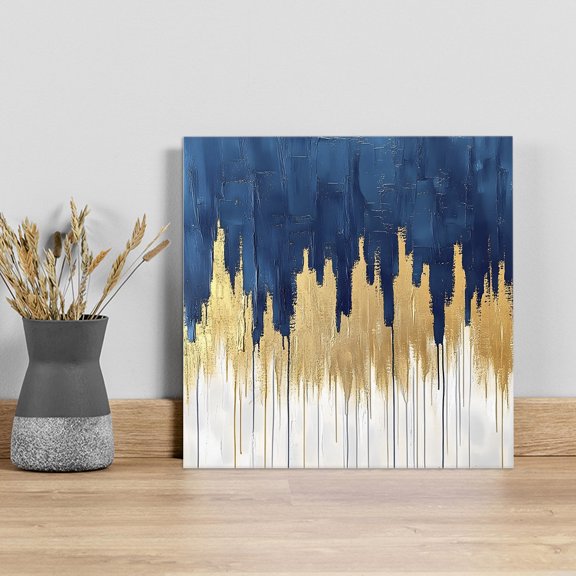 Blue Gold Wall Art Painting on Canvas, Modern Street Art Splatter Foil Painting Canvas Art Home Prints Wall Art Framed Modern Artwork for Living Room Bedroom Wall Decor 8x8in