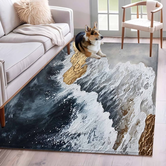 Blue Gold Washable Area Rugs 2.7'x5', Ombre Sea Wave Beach Abstract Ocean Scenery Low Pile Throw Living Room Rug Non-Slip Sturdy Edge Binding Carpet for Indoor Entryway Bedside Kitchen